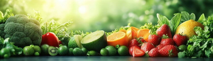 Fresh Organic Fruits and Vegetables on a Table with Greenery Background in Natural Sunlight