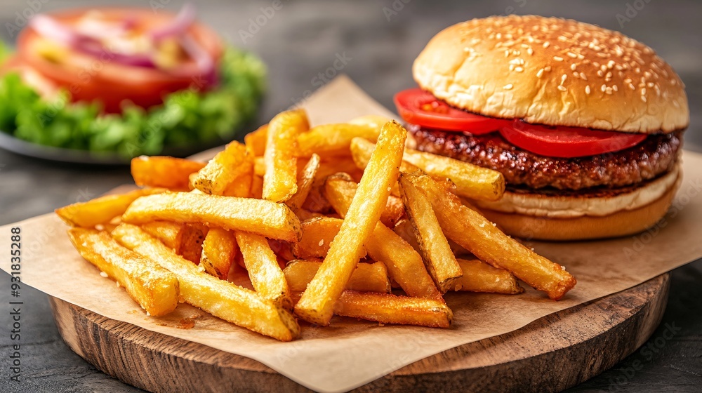 Poster A premium shot of French fries displayed in a sophisticated setting with a gourmet burger in the background slightly out of focus adding depth to the image Camera lens 50mm Stock Photo with copy space