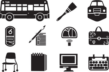 A simple vector icon set featuring a school bus, paintbrush, notebook, and computer 
