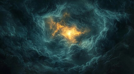 Fototapeta premium Swirling dark clouds illuminated by golden light