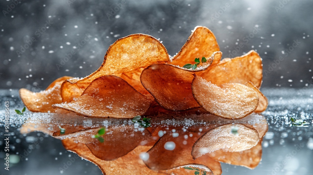 Poster An overhead view of a pile of potato chips lightly seasoned with sea salt on a reflective surface creating a contrast between the chips and the elegant backdrop Camera lens 50mm studio shot for