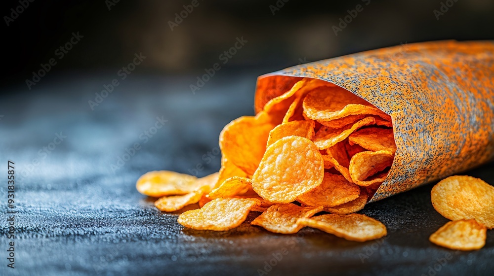Poster a side angle shot of potato chips cascading out of a modern packaging bag onto a polished surface em