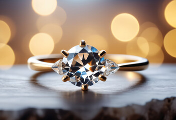 Beautiful crystal diamond in a gold ring with sparkling light on blurred bokeh background