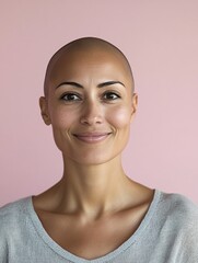 Obraz premium Confident bald woman smiling on pink background. Studio portrait style. Breast cancer awareness and women's empowerment concept. Design for health campaigns and female strength initiatives