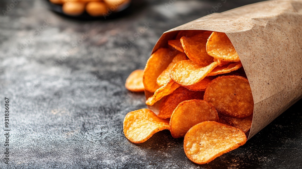 Poster a side angle shot of potato chips cascading out of a modern packaging bag onto a polished surface em