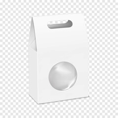 White blank folding cardboard gable box with clear plastic window and die cut carry handle. Realistic 3d vector mock-up. Paper gift bag transparent packaging. Mockup. Template for design