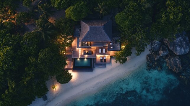 Aerial View of a Luxurious Beachfront Villa at Night