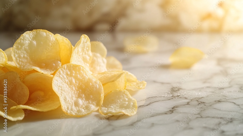 Poster An artistic composition of potato chips arranged in a spiral pattern on a marble surface with soft lighting enhancing the gourmet presentation Camera lens 50mm studio shot for Hi-end advertising