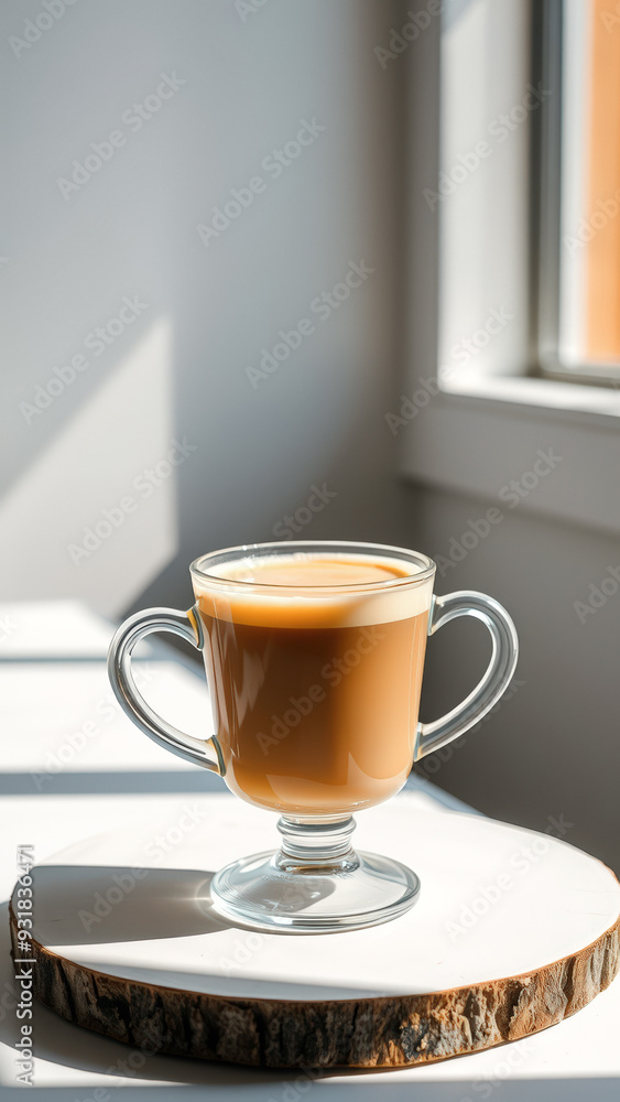 Canvas Prints A cup of coffee on a wooden coaster in the morning sun