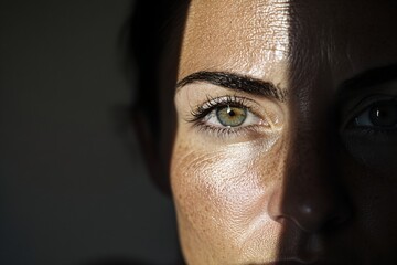 Close-up of intense eyes with golden sunlight. Artistic portrait style. Strong women and breast cancer awareness concept. Design for empowerment campaigns and health initiatives