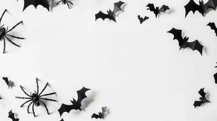 Fototapeta premium Creative Halloween Decorations Concept Featuring Black Spiders and Bats on a White Background - Flat Lay Arrangement with Ample Copy Space for Seasonal Invitations and Promotions.