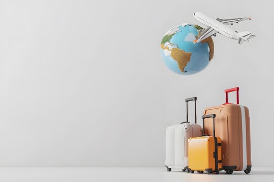 3d render of travel concept with suitcases, globe and plane flying around it on white background. Travel poster design template for vacation advertising banner,