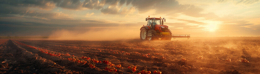 Fototapeta premium Automated tractor sows seeds in a golden sunset