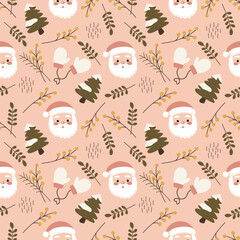 Cozy Christmas seamless pattern with a cute hand-drawn Santa Claus and Christmas gloves, Festive holiday card design. Greeting cards, wallpapers, winter season decorations on a pink background