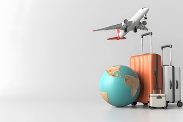 3d render of travel concept with suitcases, globe and plane flying around it on white background. Travel poster design template for vacation advertising banner,