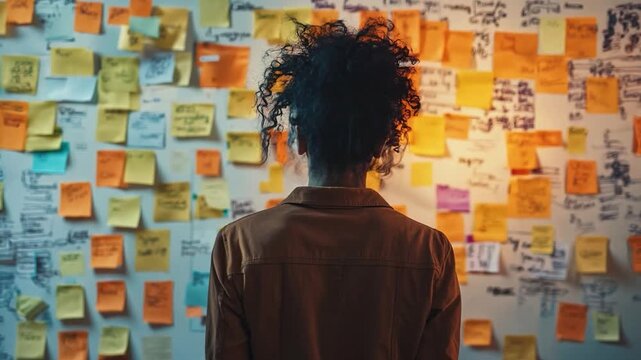 Office worker brainstorming ideas on a whiteboard, representing creativity and innovation in the workplace.