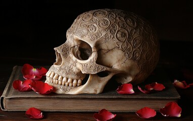 Naklejka premium skull with a red petals 