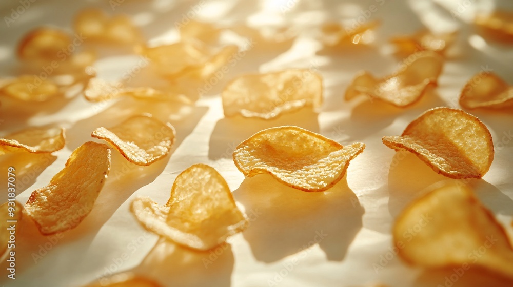 Aufkleber a stylized shot of potato chips scattered across a white surface with a minimalist dip container nea
