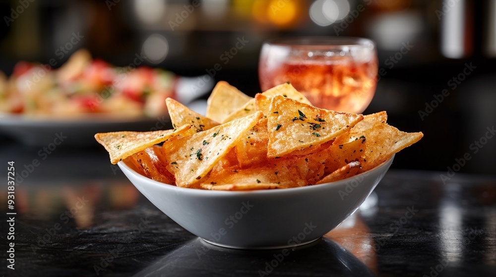 Poster an exquisite image of potato chips paired with a gourmet drink slightly out of focus in the backgrou