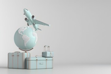 3d render of travel concept with suitcases, globe and plane flying around it on white background. Travel poster design template for vacation advertising banner,
