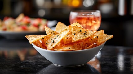 An exquisite image of potato chips paired with a gourmet drink slightly out of focus in the background creating a luxurious and inviting atmosphere Camera lens 50mm studio shot for Hi-end advertising