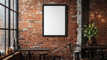 A cozy cafe interior features a brick wall, a blank framed poster, rustic tables, stools, and a potted plant, perfect for restaurant advertisements, menus, or design inspiration,