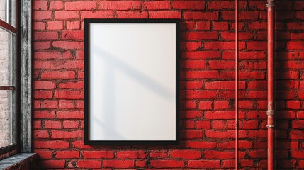 A blank vertical poster with a black frame hangs on a vibrant red brick wall, creating a striking contrast in an industrial setting, Ideal for showcasing art, advertisements
