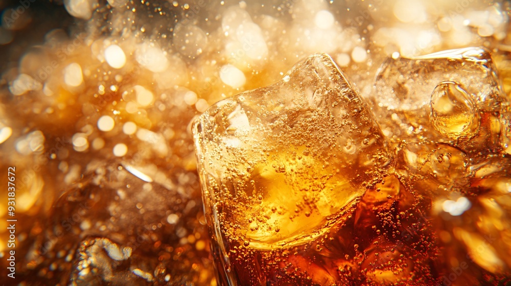 Poster a close-up shot of a chilled soda glass filled with ice cubes capturing the fizzy bubbles rising to 