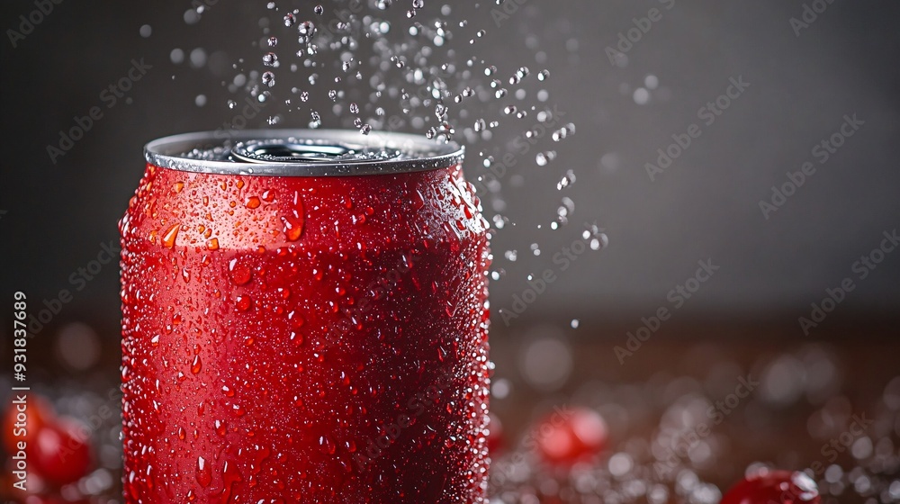 Poster A macro shot of a soda can being opened with droplets of condensation clinging to the surface emphasizing the refreshing and cool nature of the drink Camera lens 50mm studio shot for Hi-end