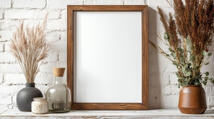 A rustic wooden frame on a white brick wall, flanked by dried plants and bottles, perfect for interior design mockups, posters, or home dÃ©cor presentations,