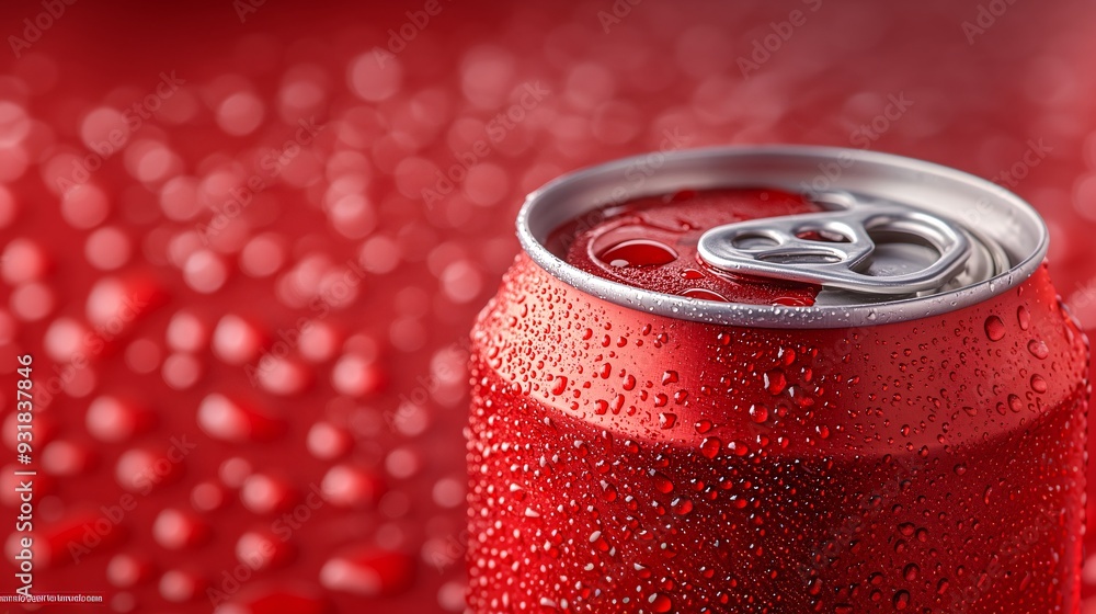 Poster A macro shot of a soda can being opened with droplets of condensation clinging to the surface emphasizing the refreshing and cool nature of the drink Camera lens 50mm studio shot for Hi-end