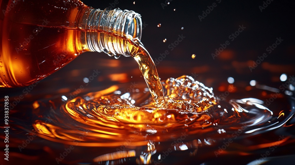 Poster an overhead view of a soda bottle with the cap removed and liquid pouring into a glass capturing the