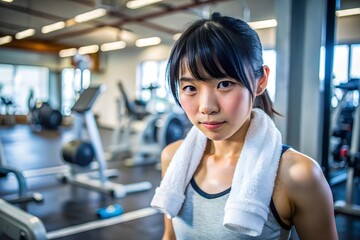 young Japanese girl in gym room, full of sweat