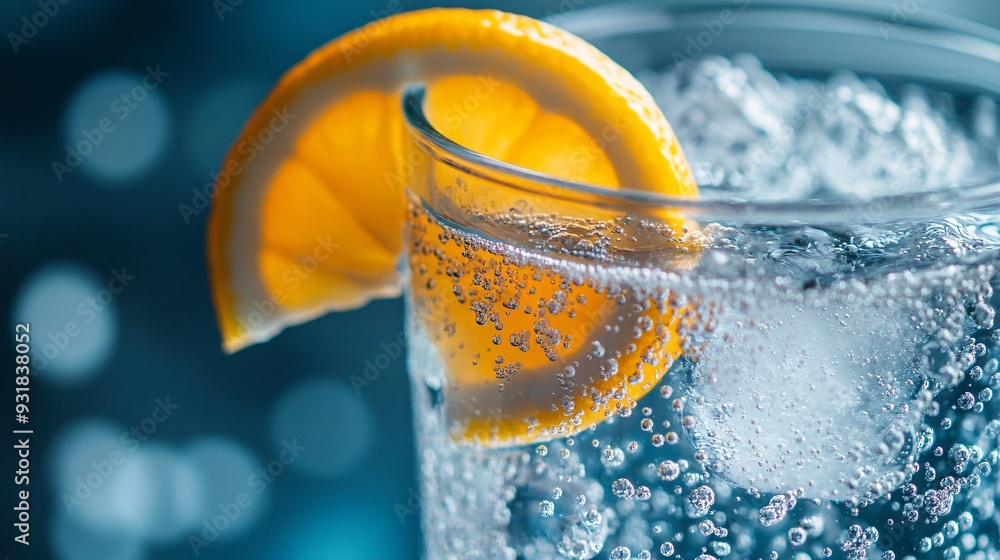 Poster a side angle of a soda glass with a lemon wedge on the rim and bubbles clinging to the sides of the 