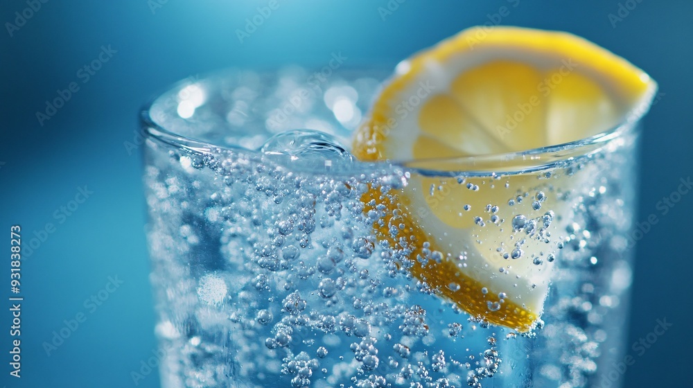 Poster a side angle of a soda glass with a lemon wedge on the rim and bubbles clinging to the sides of the 