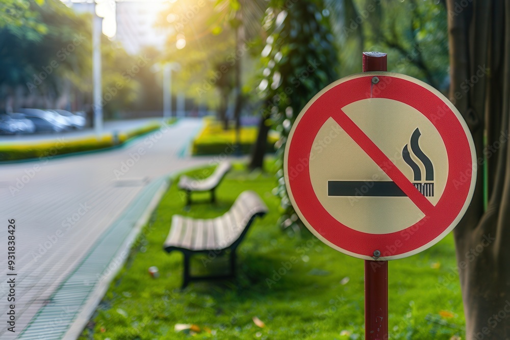 Poster a clear no smoking sign is positioned in a serene park during the evening hours, with benches and pa