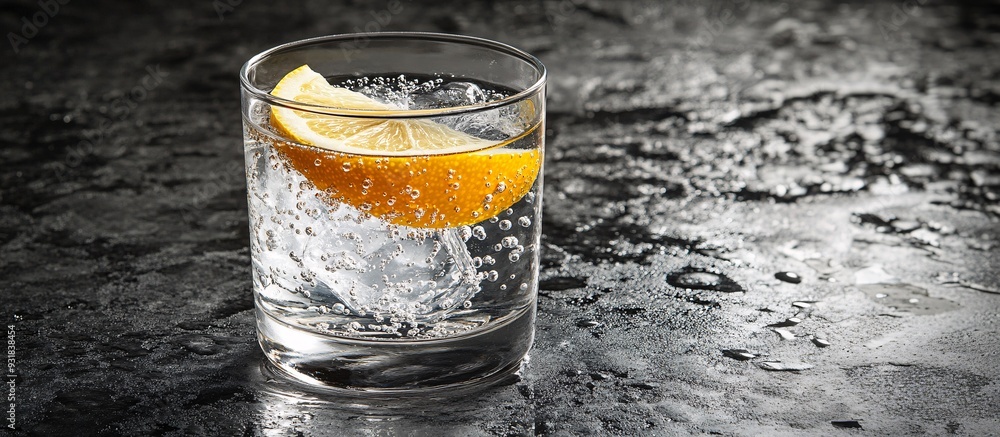 Poster a side angle of a soda glass with a lemon wedge on the rim and bubbles clinging to the sides of the 