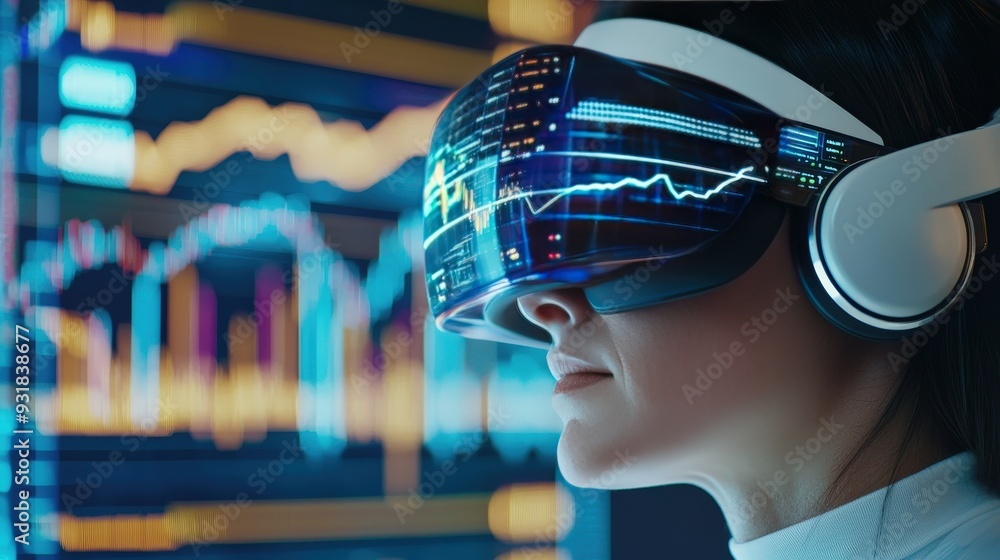 Poster a trader wearing vr glasses navigating through a 3d cryptocurrency trading environment
