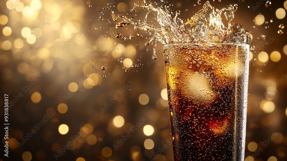 Aufkleber A stylized shot of soda being poured into a tall glass with the liquid splashing and fizzing creating a dynamic and energetic visual Camera lens 50mm studio shot for Hi-end advertising Stock Photo