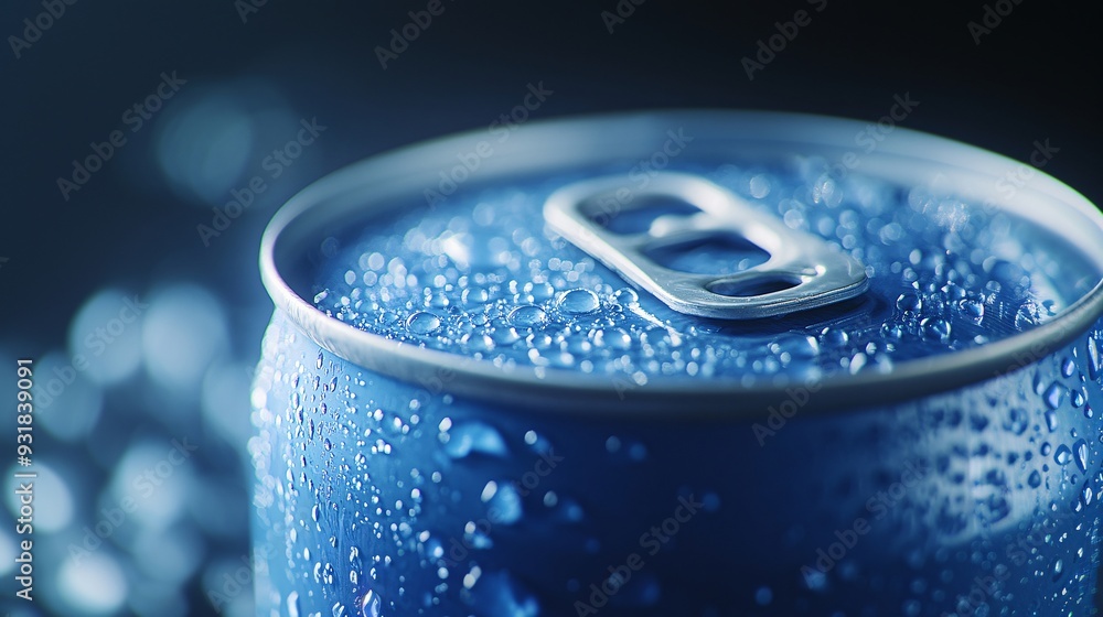 Poster a dramatic close-up of a soda can with condensation droplets glistening on the surface capturing the