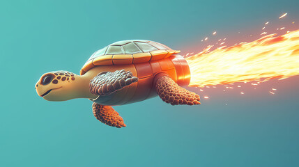 Obraz premium A turtle with a rocket tail flying on the blue sky at high speed