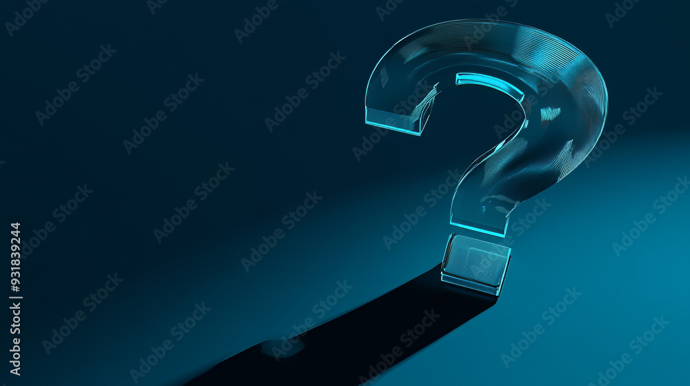 Poster 3d rendering of a large, blue transparent glass question mark highlighted by a spotlight, casting a 