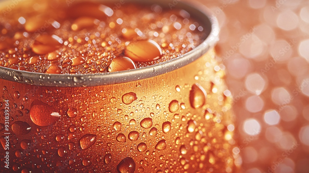 Poster a dramatic close-up of a soda can with condensation droplets glistening on the surface capturing the