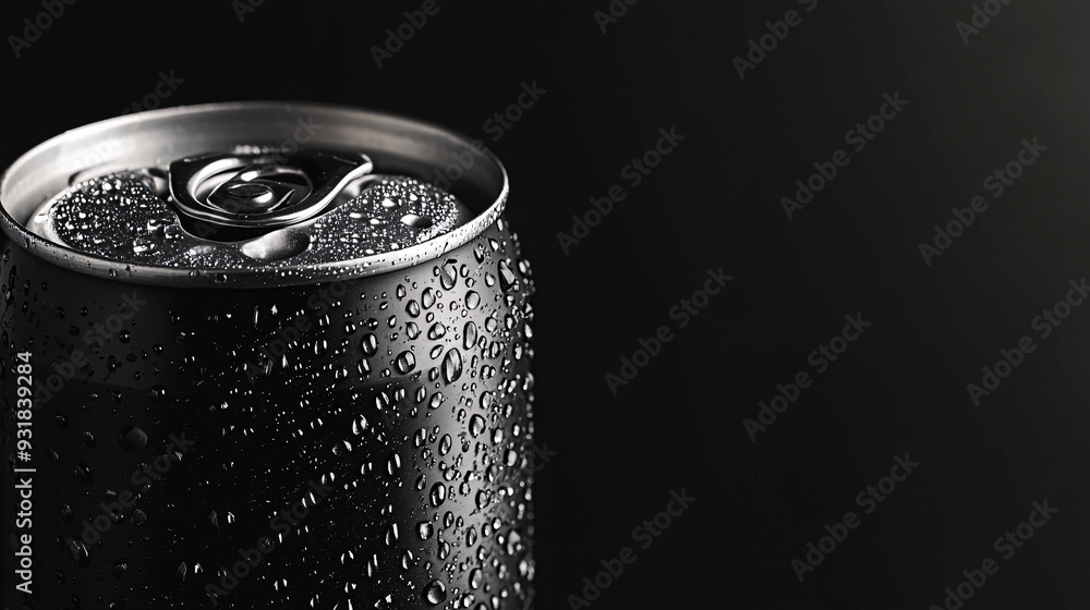 Poster a dramatic close-up of a soda can with condensation droplets glistening on the surface capturing the