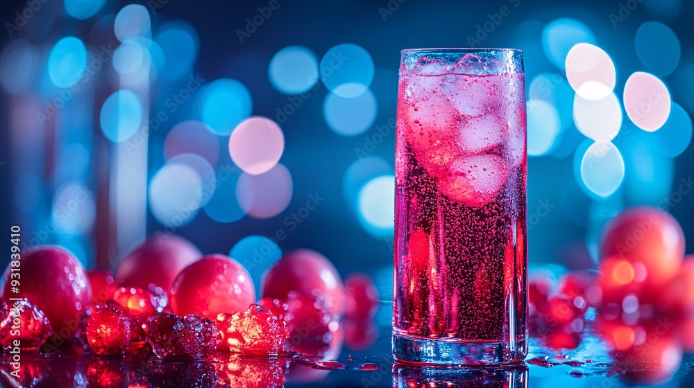 Poster an elegant composition of a soda bottle and glass on a reflective surface with the vibrant color of 