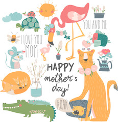 Cute cartoon animals mothers with their cubs