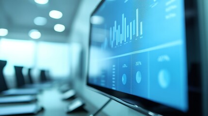 The digital dashboard shows various business metrics while a meeting takes place in a contemporary office setting