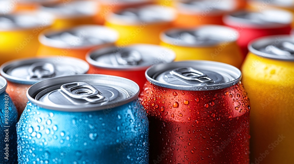 Poster An artistic shot of multiple soda cans stacked together with one can partially opened highlighting the variety and appeal of the drink Camera lens 50mm studio shot for Hi-end advertising Stock Photo