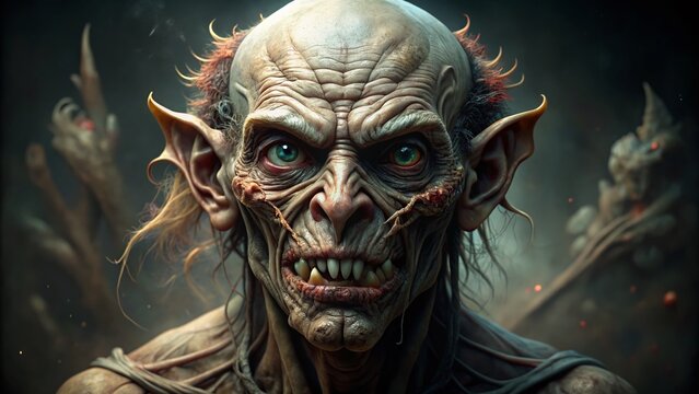Malformed Evil: Grotesque features, disfigured body, eerie deformity, malevolence.