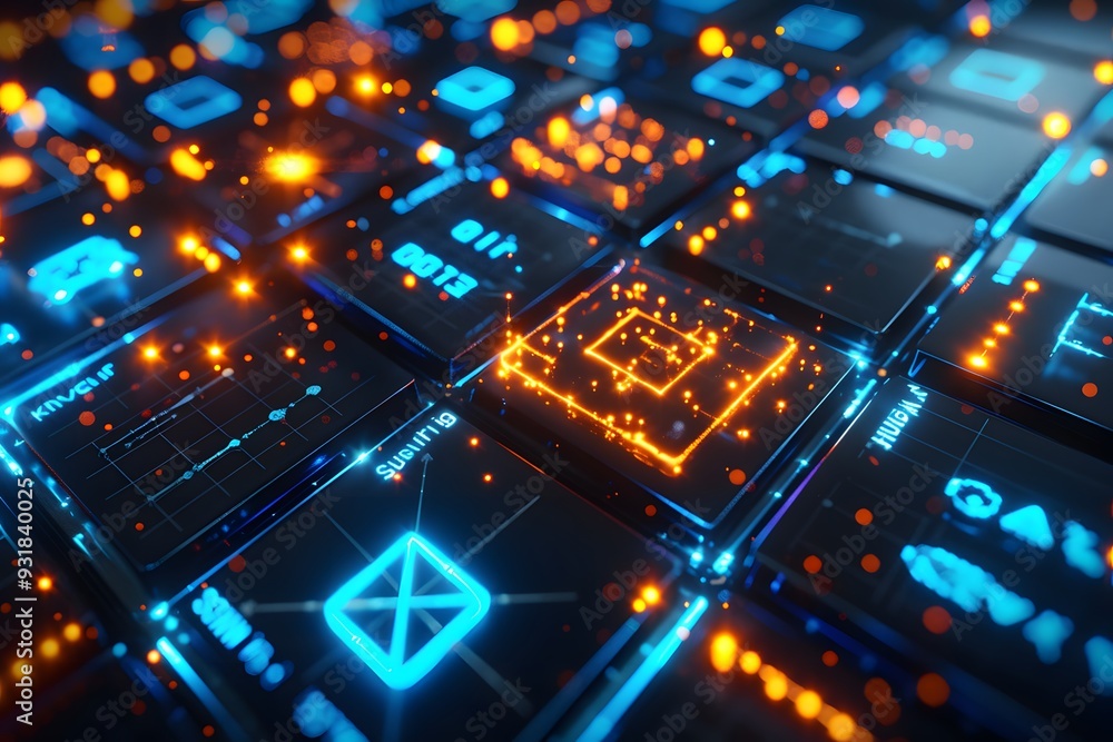 Poster futuristic keyboard with glowing icons and data visualizations